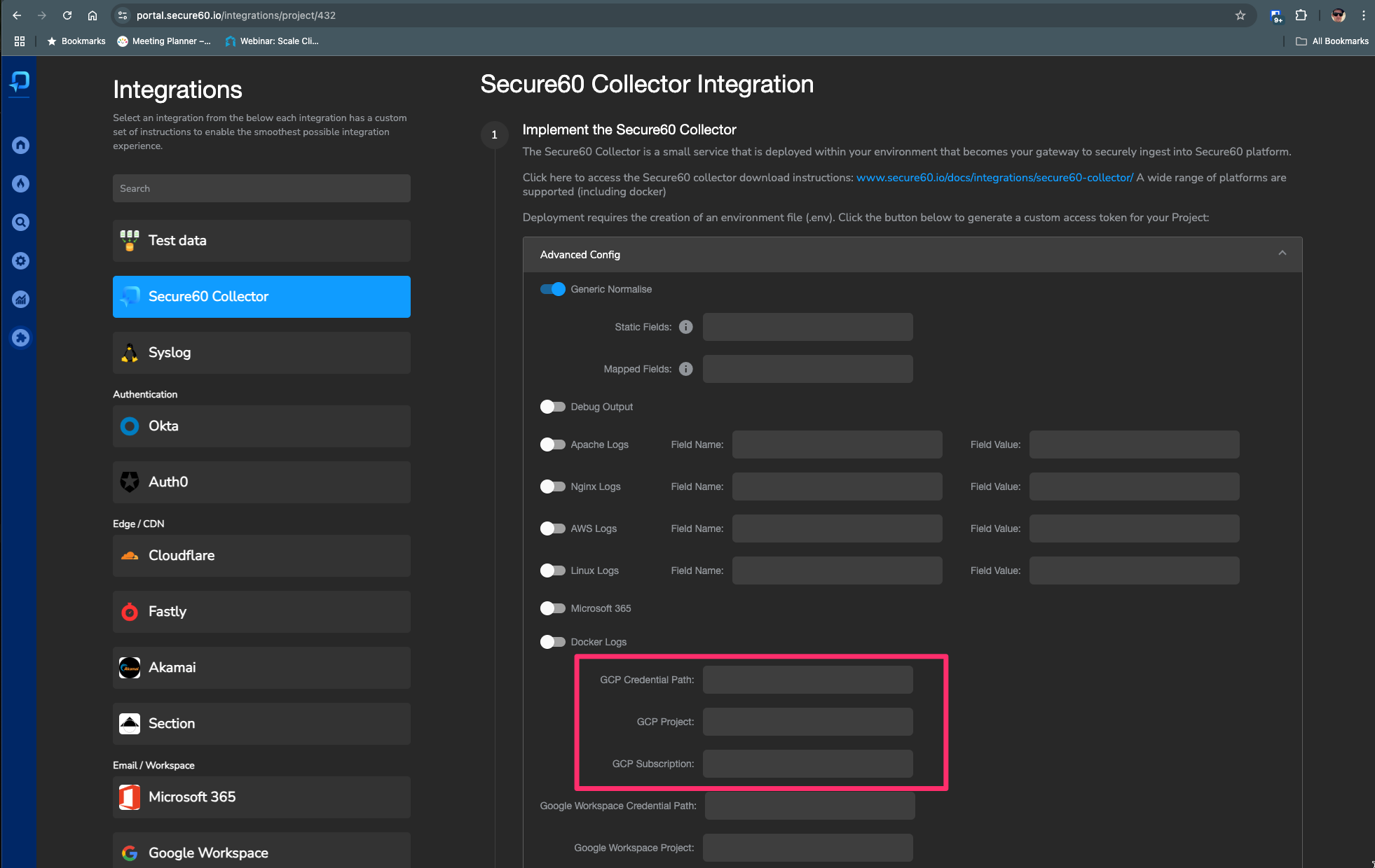 Secure60 Portal GCP Pub/Sub Configuration