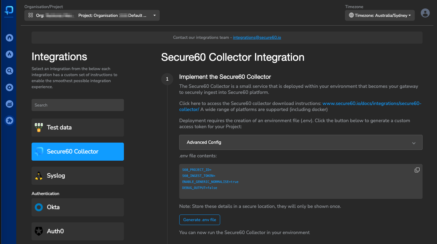 Secure60 Collector Integration Configuration