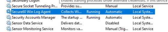 Secure60 Win Log Agent running as a Windows service